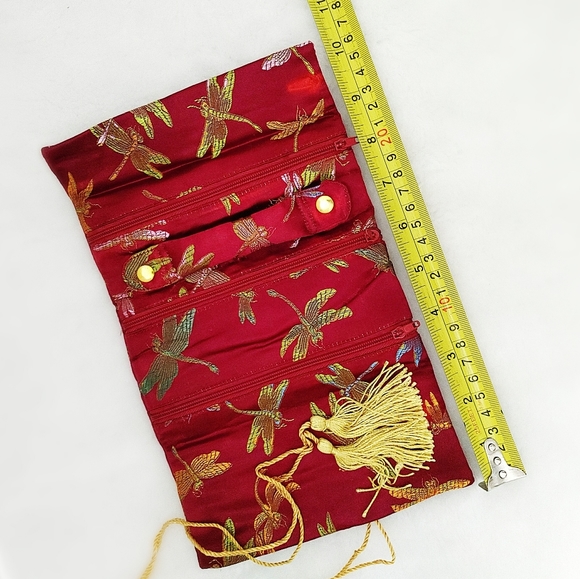 Red Brocade Jewelry Organizer Roll Bag Travel Jewel Pouch Woven Dragonfly Large - Picture 9 of 11